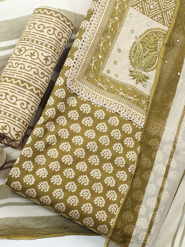 Embroidered Cotton Blend Unstitched Suit With Pant &amp; Dupatta