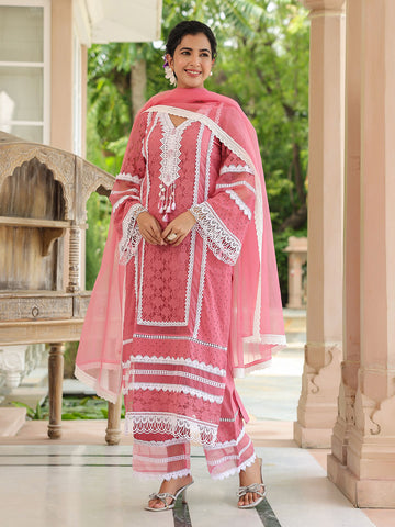 Embroidered Cotton Kurta With Pants & Dupatta