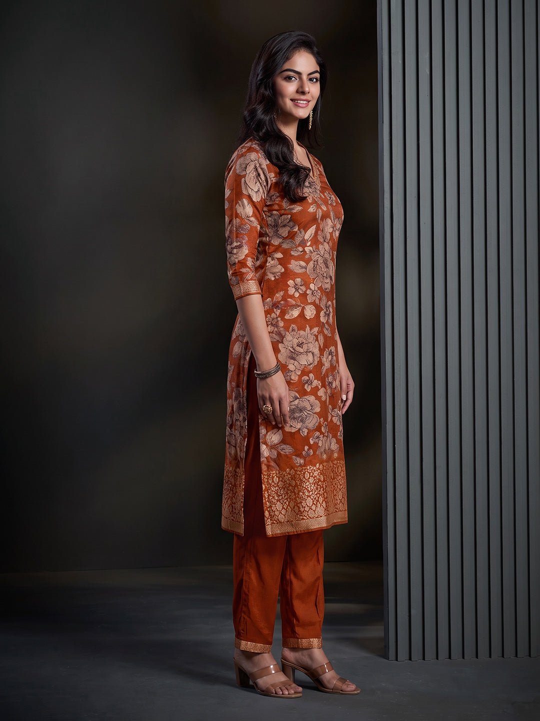 Rust Printed Art Silk Kurta With Pant &amp; Dupatta