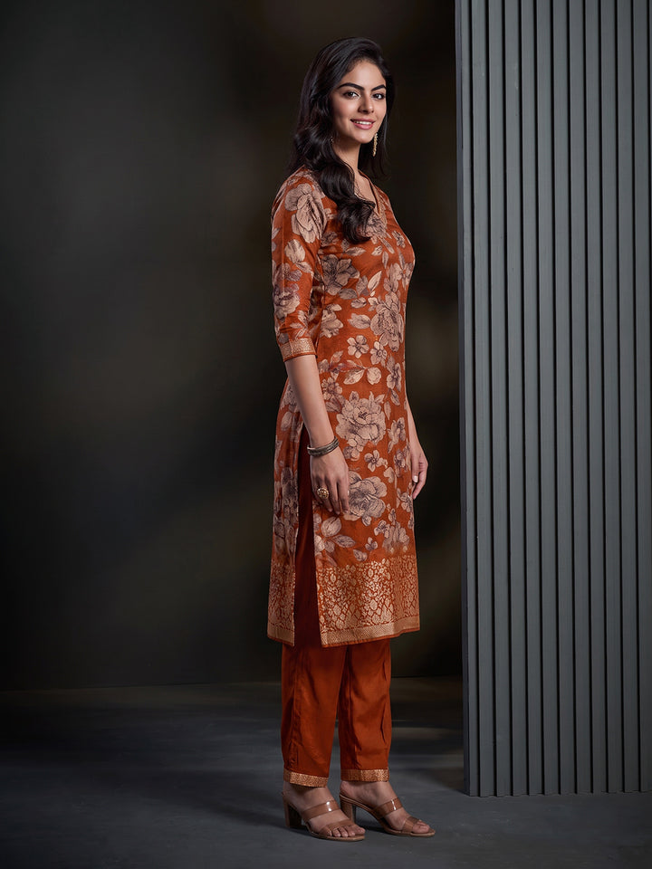 Rust Printed Art Silk Kurta With Pant &amp; Dupatta