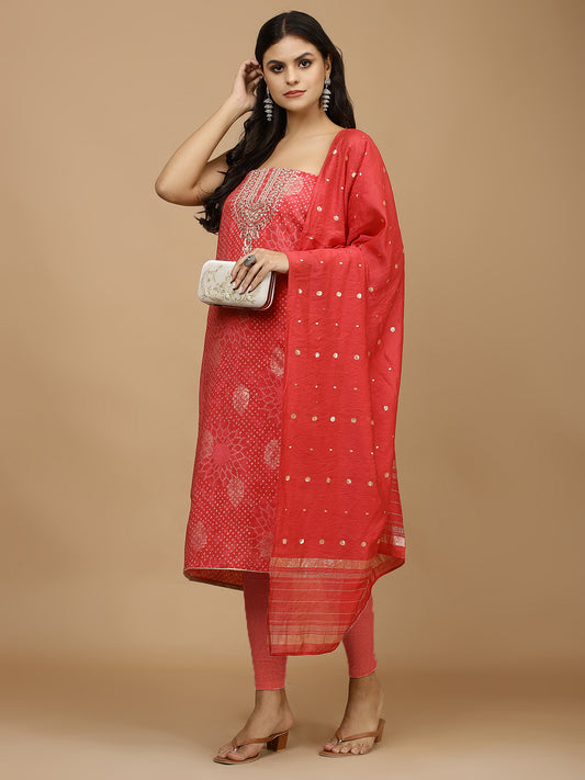 Neck Embroidered Chanderi Unstitched Suit With Dupatta