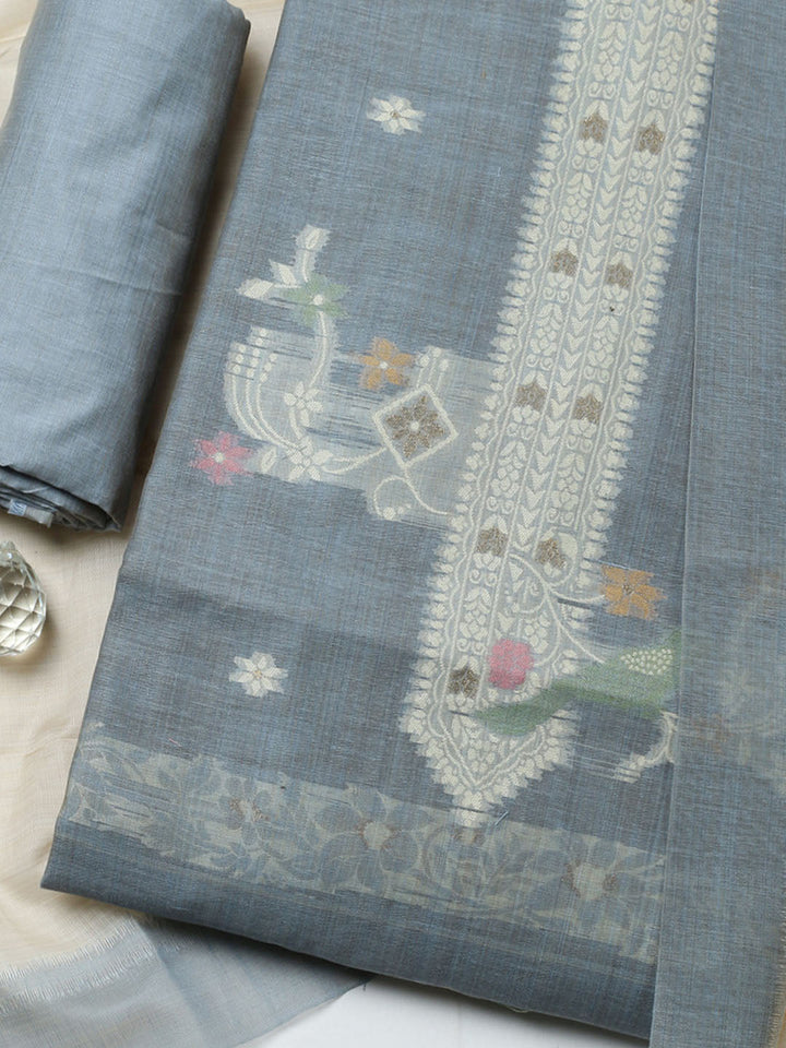 Printed Chanderi Unstitched Suit With Pant &amp; Dupatta