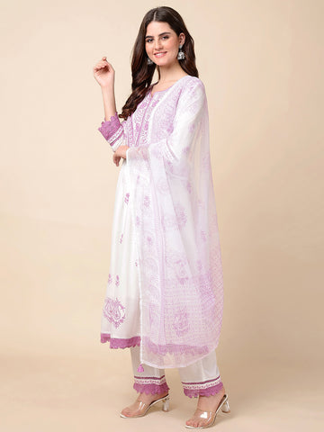 Printed Cotton Anarkali Kurta With Pants & Dupatta