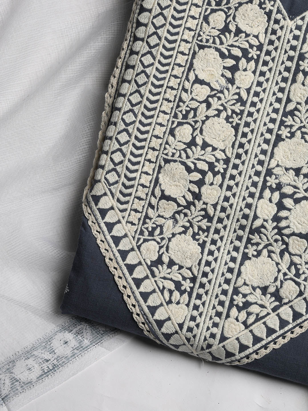Neck Embroidered Cotton Blend Unstitched Suit With Dupatta