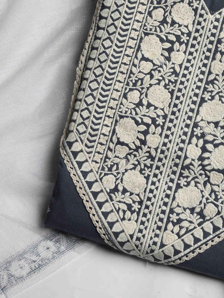 Neck Embroidered Cotton Blend Unstitched Suit With Dupatta