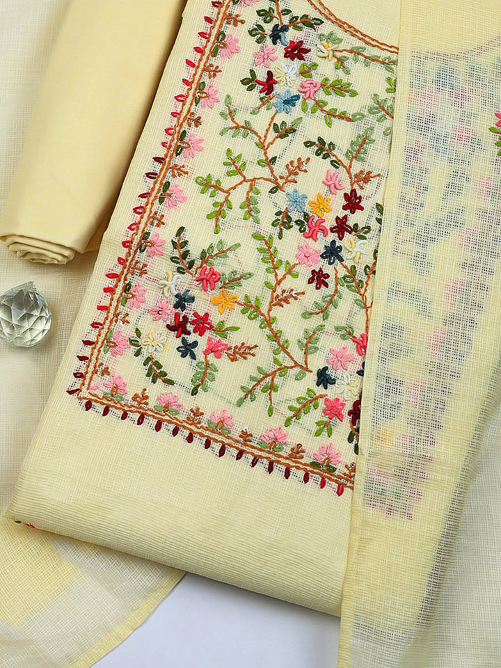 Embroidered Cotton Blend Unstitched Suit With Pant &amp; Dupatta