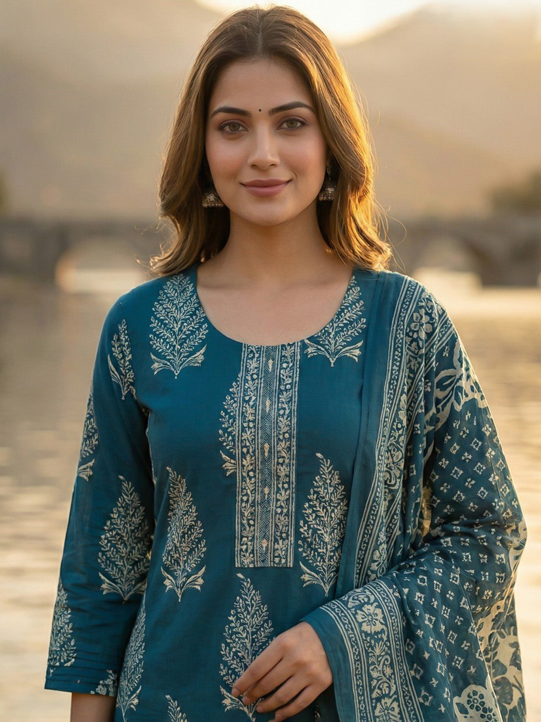 Blue Printed Cotton Blend Straight Suit Set With Dupatta