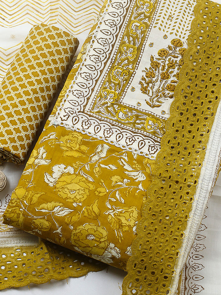 Embroidered Cotton Blend Unstitched Suit With Pant &amp; Dupatta