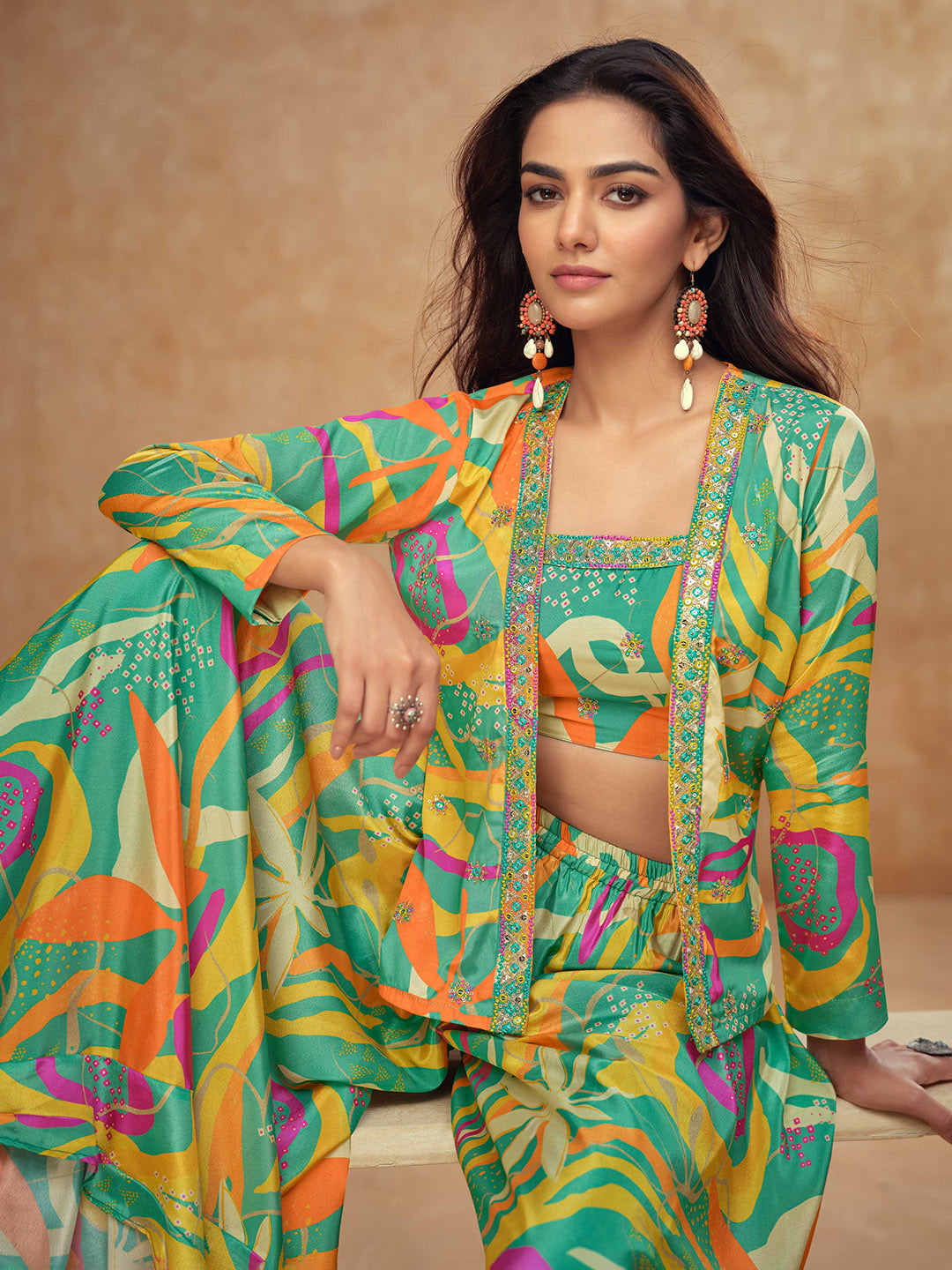 Embroidered Chinon Silk Choli &amp; Skirt With Jacket