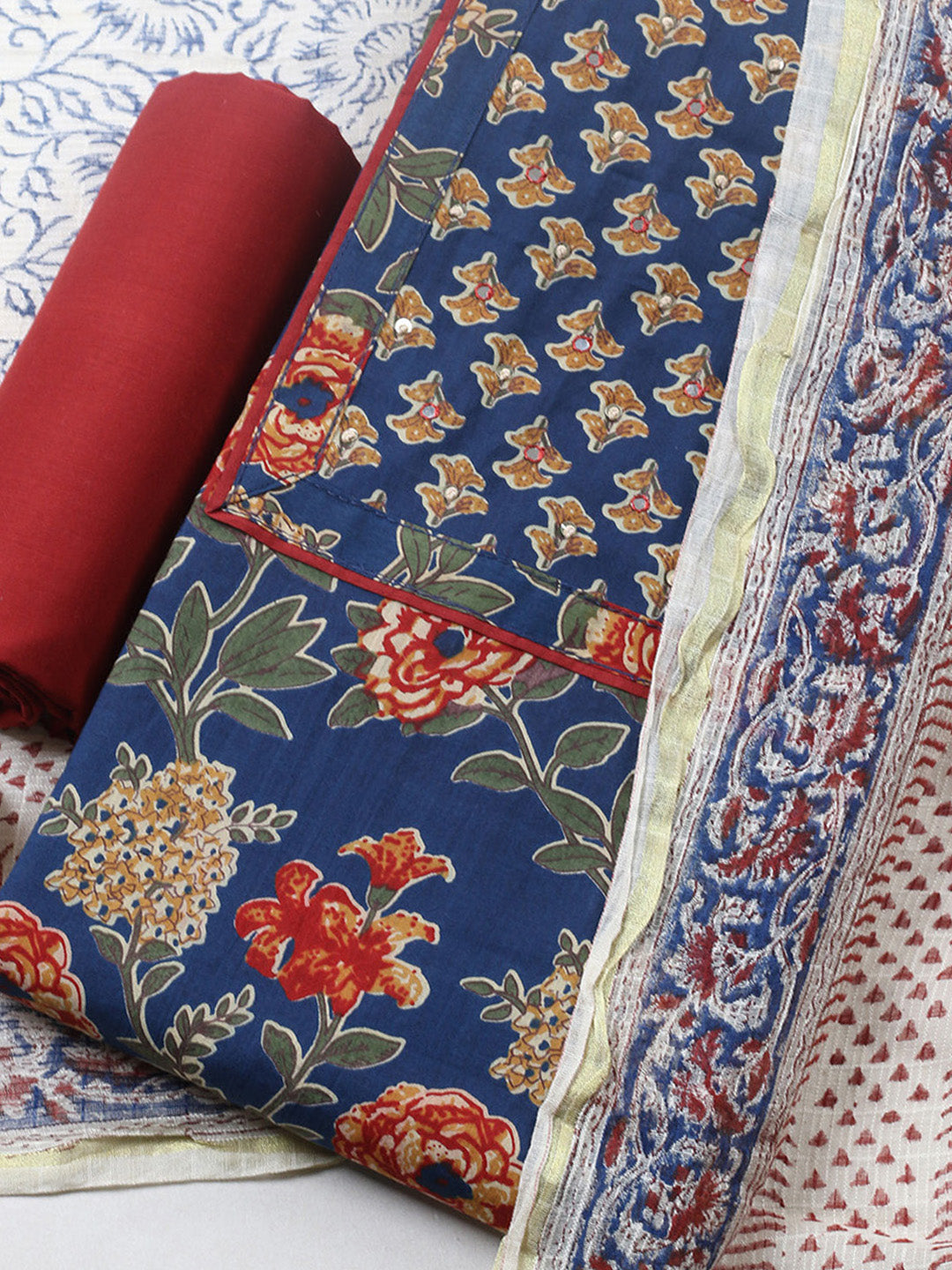 Printed Cotton Blend Unstitched Suit With Pant &amp; Dupatta