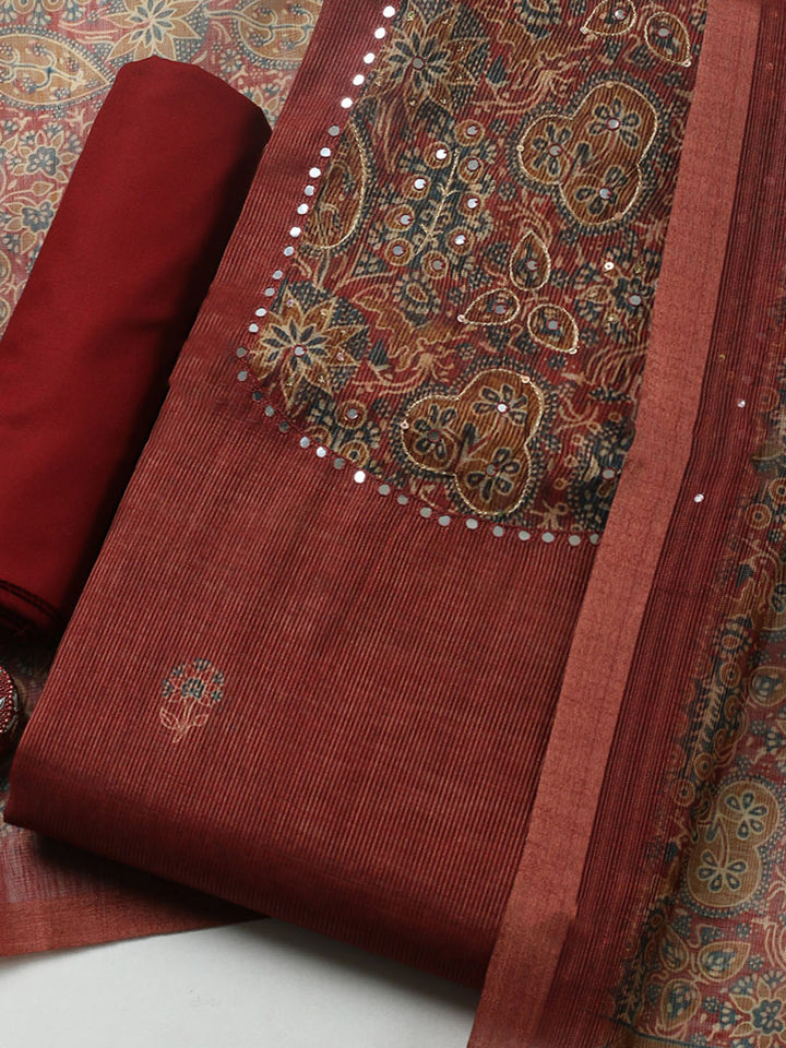 Embroidered Chanderi Unstitched Suit With Pant &amp; Dupatta