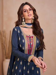 Embroidered Chinnon Kurta With Plazzo & Dupatta