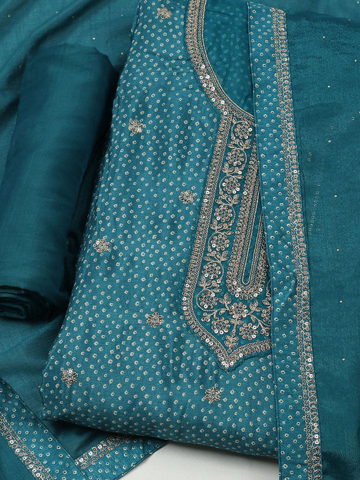 Embroidered Art Silk Unstitched Suit With Dupatta