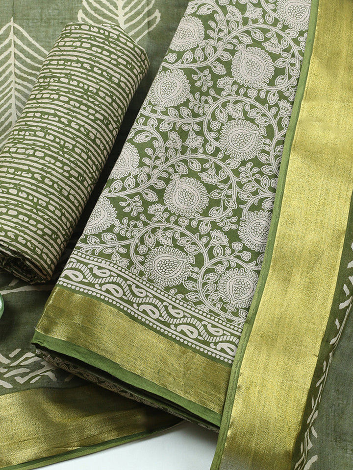 Printed Cotton Blend Unstitched Suit With Pant &amp; Dupatta