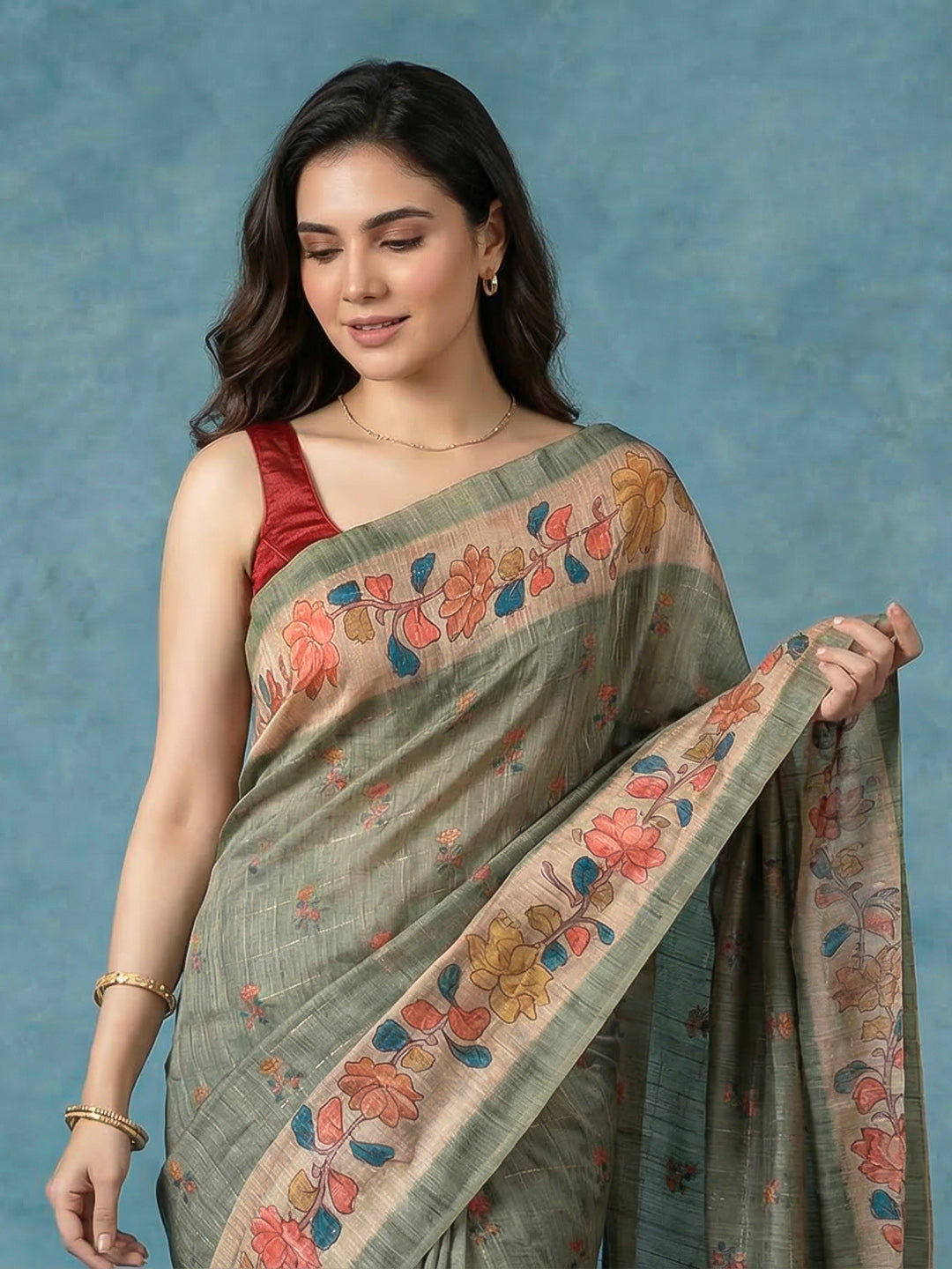 Floral Print Tussar Silk Saree