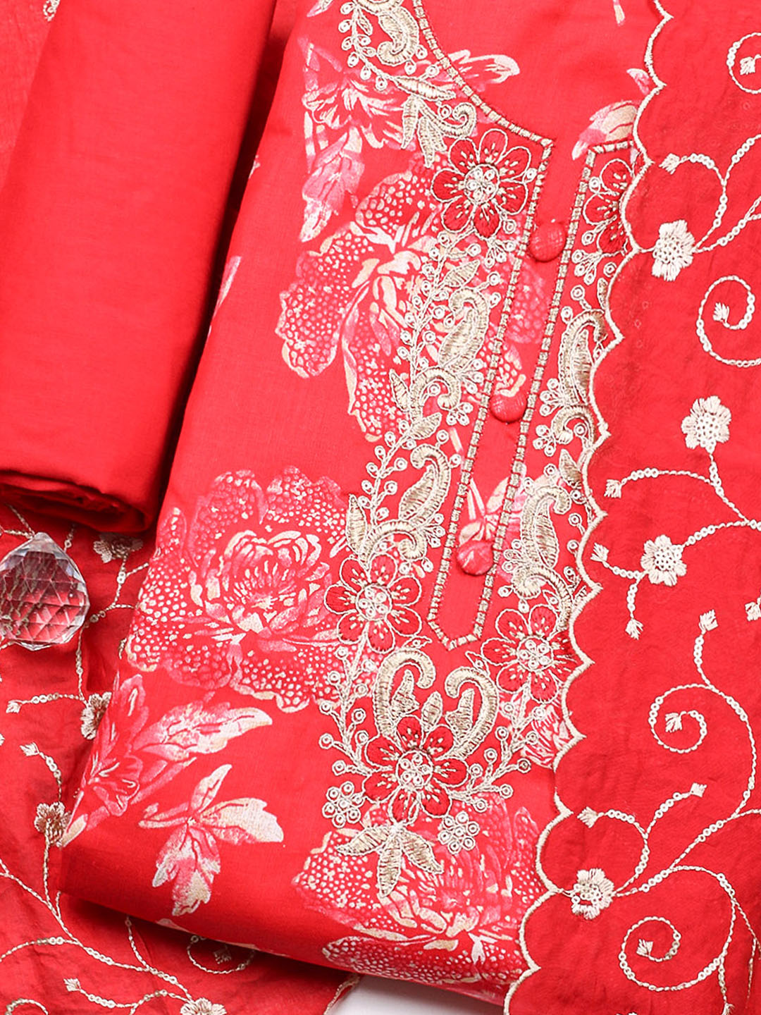 Embroidered Cotton Unstitched Suit With Pant &amp; Dupatta