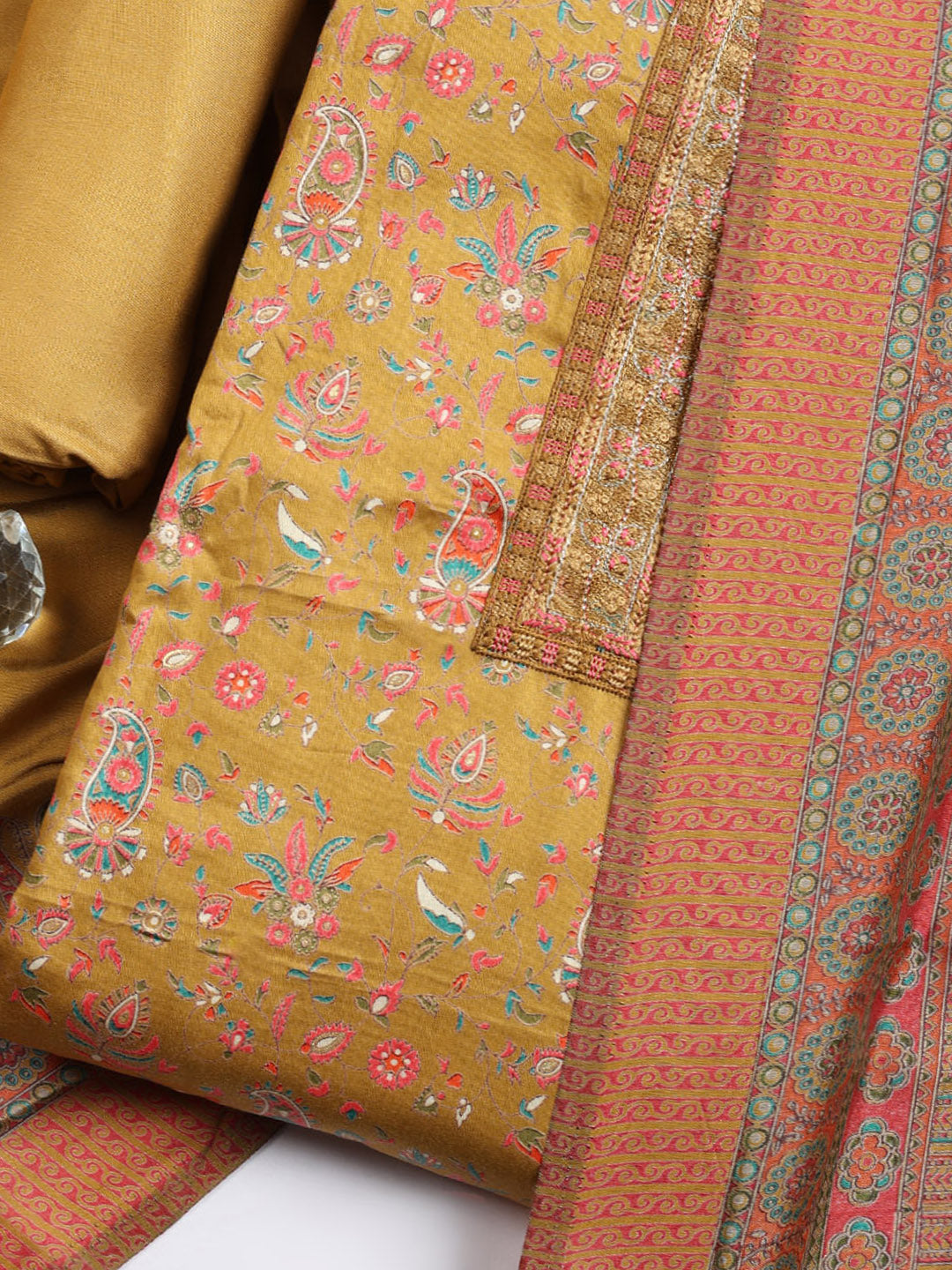 Printed Cotton Blend Unstitched Suit With Pant &amp; Dupatta