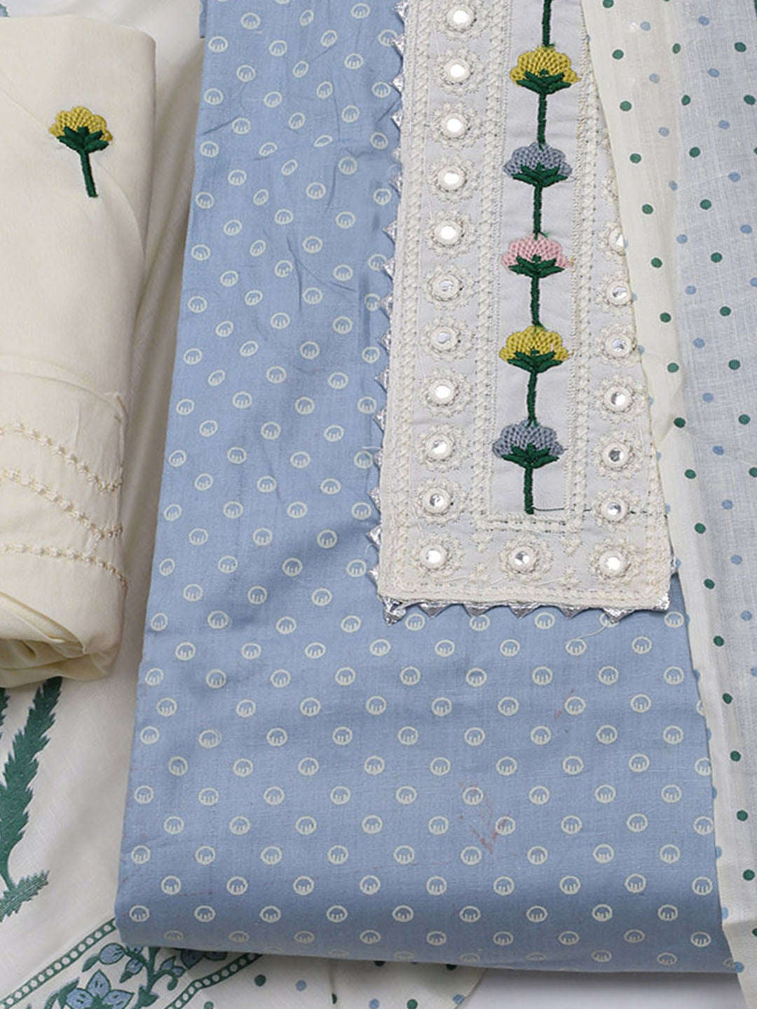 Neck Embroidered &amp; Printed Cotton Blend Unstitched Suit With Dupatta