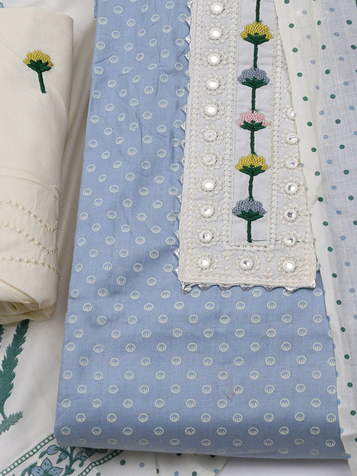 Neck Embroidered &amp; Printed Cotton Blend Unstitched Suit With Dupatta