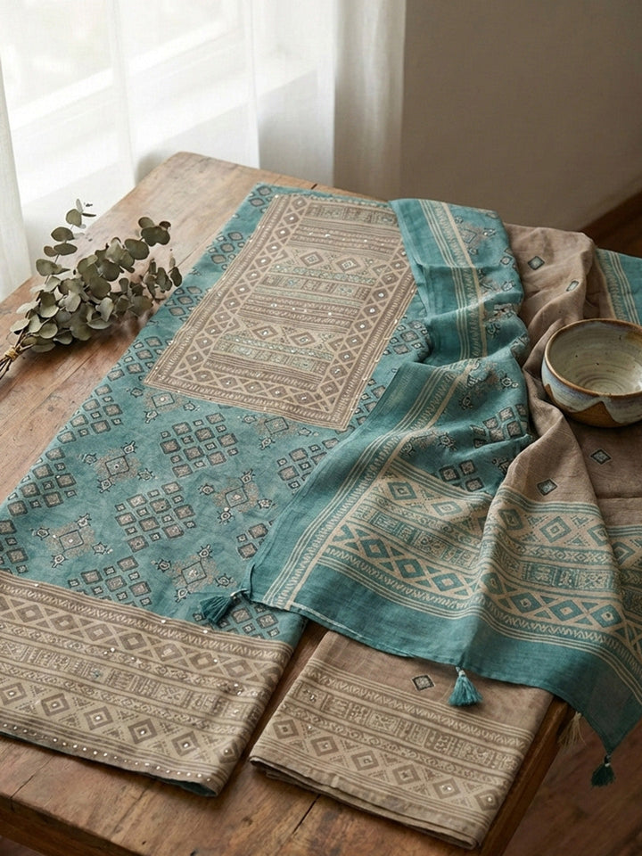 Printed Chanderi Unstitched Suit With Pant &amp; Dupatta
