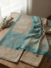 Printed Chanderi Unstitched Suit With Pant & Dupatta