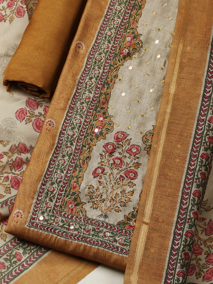 Printed Chanderi Unstitched Suit With Pant &amp; Dupatta
