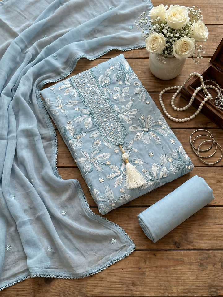 Neck Embroidered Cotton Blend Unstitched Suit With Dupatta