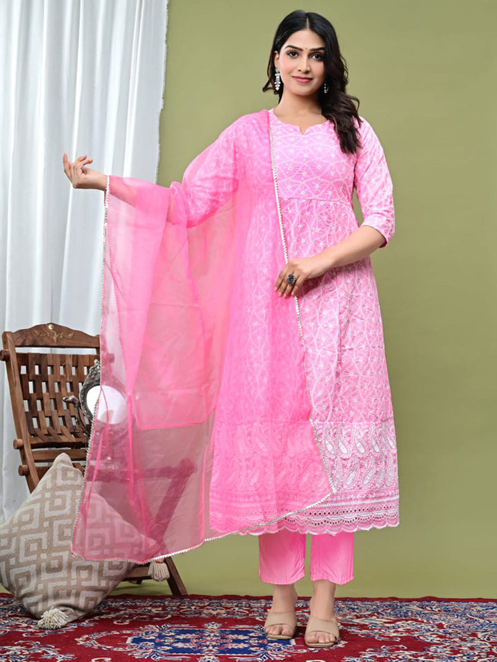 Embroidered Cotton Blend Kurta With Pant &amp; Dupatta