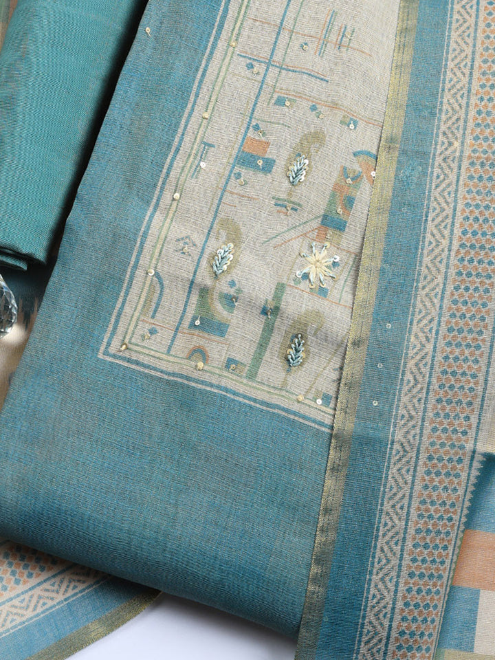 Printed Linen Blend Unstitched Suit With Pant &amp; Dupatta