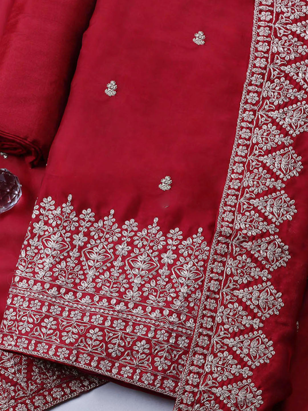 Embroidered Chanderi Unstitched Suit With Pant &amp; Dupatta