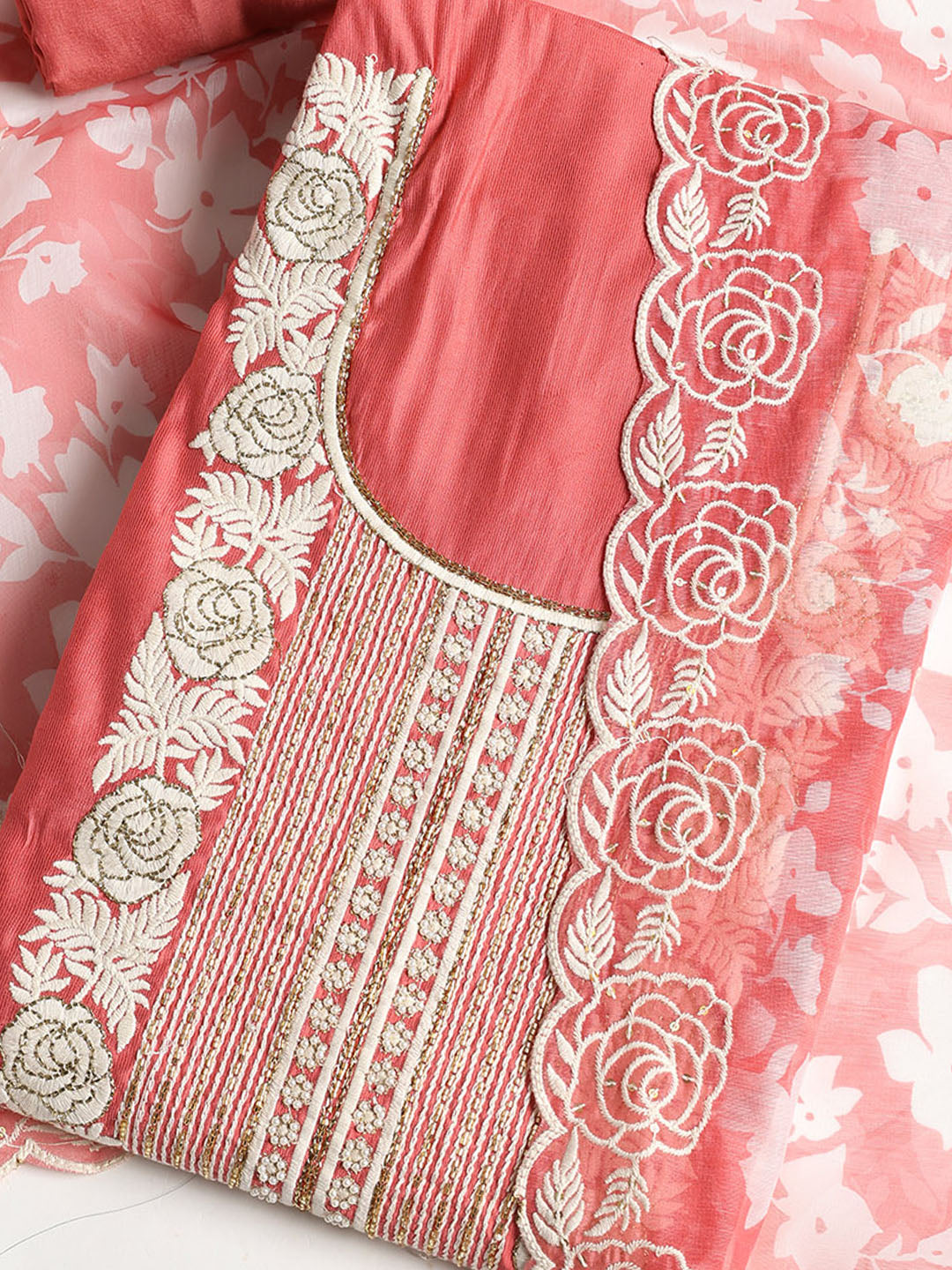 Neck Embroidered Chanderi Unstitched Suit With Dupatta