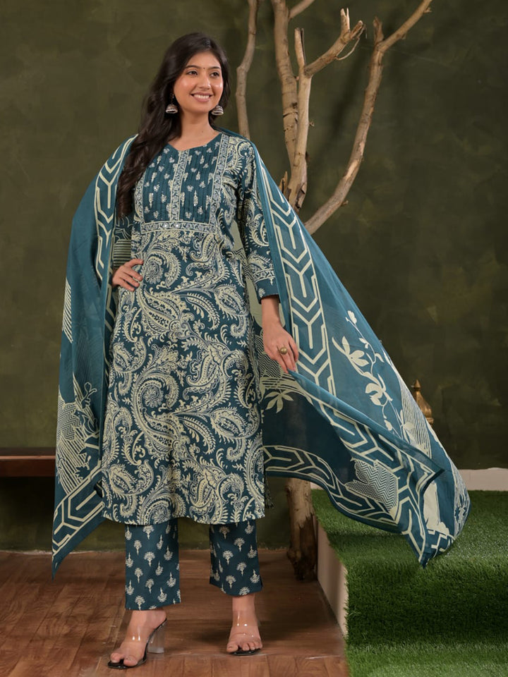Blue Embroidered Cotton Blend Straight Suit Set With Dupatta