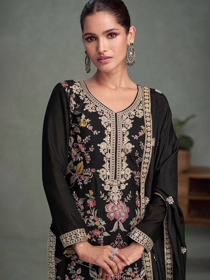 Embroidered Chinon Silk Kurta With Plazzo &amp; Dupatta