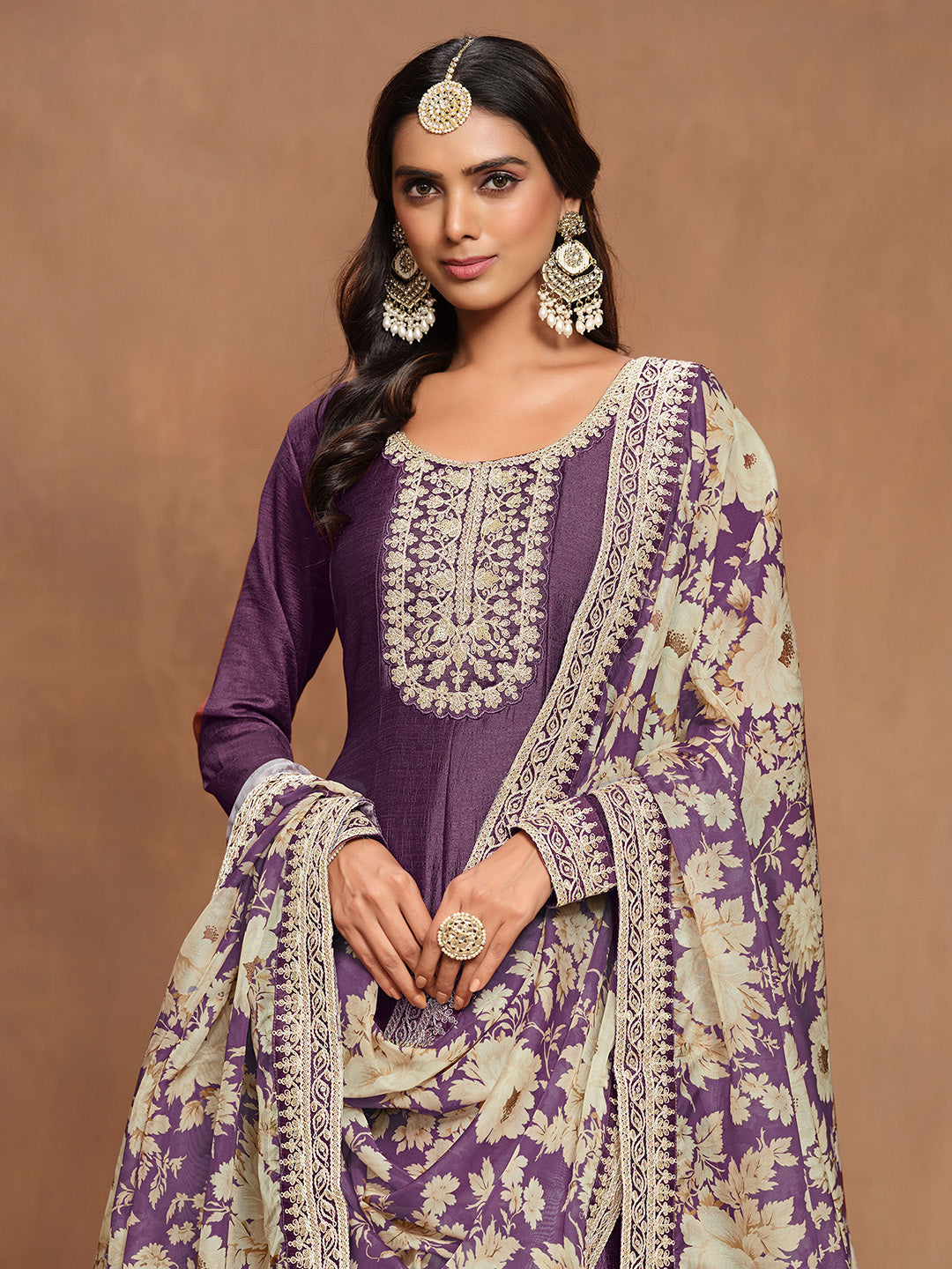 Embroidered Art Silk Semi Stitched Gown With Dupatta