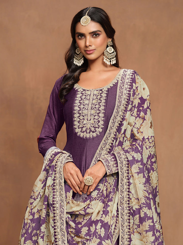 Embroidered Art Silk Semi Stitched Gown With Dupatta
