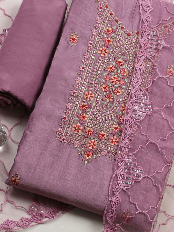 Embroidered Chanderi Unstitched Suit With Pant &amp; Dupatta