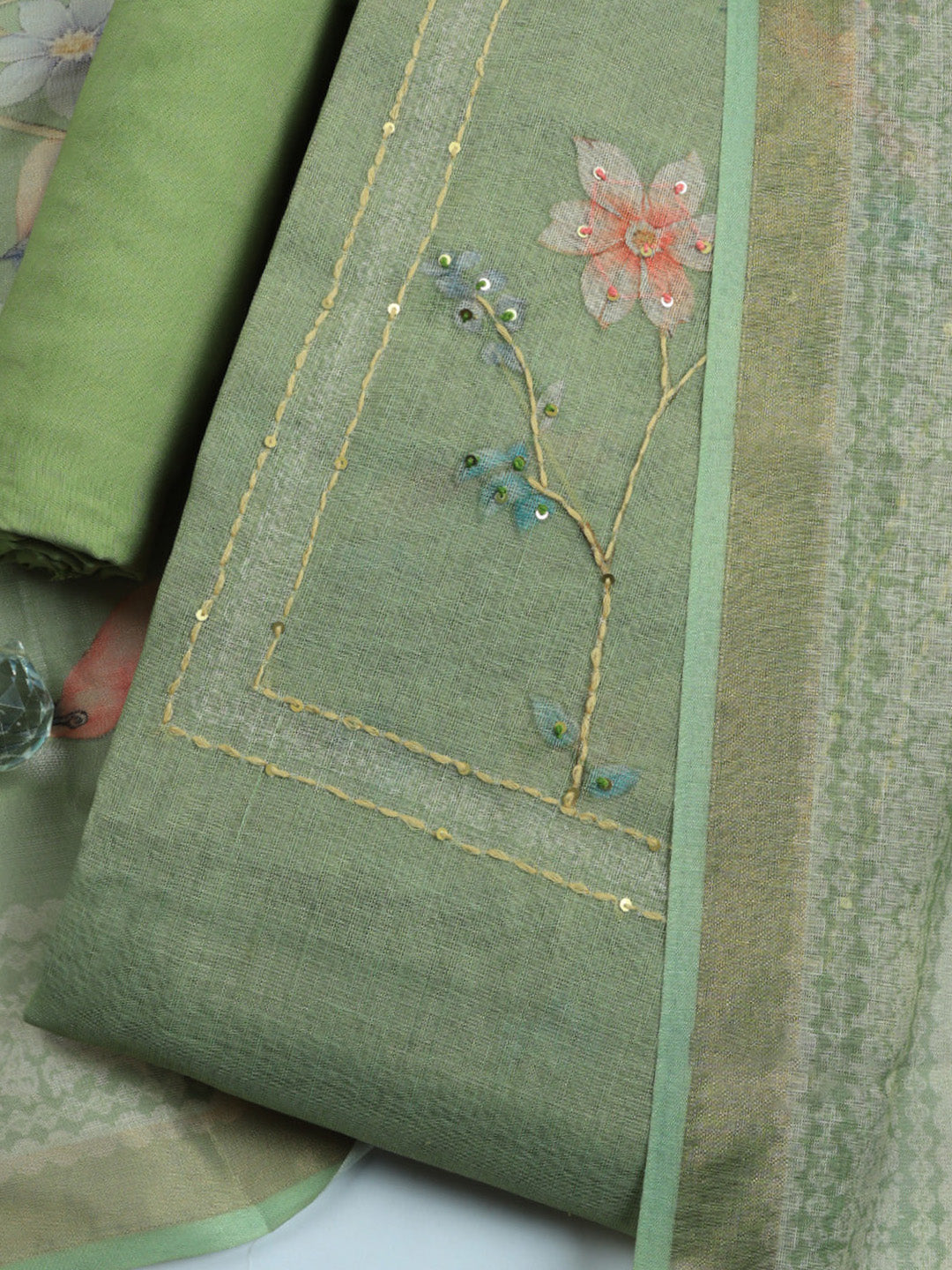 Printed Linen Blend Unstitched Suit With Pant &amp; Dupatta