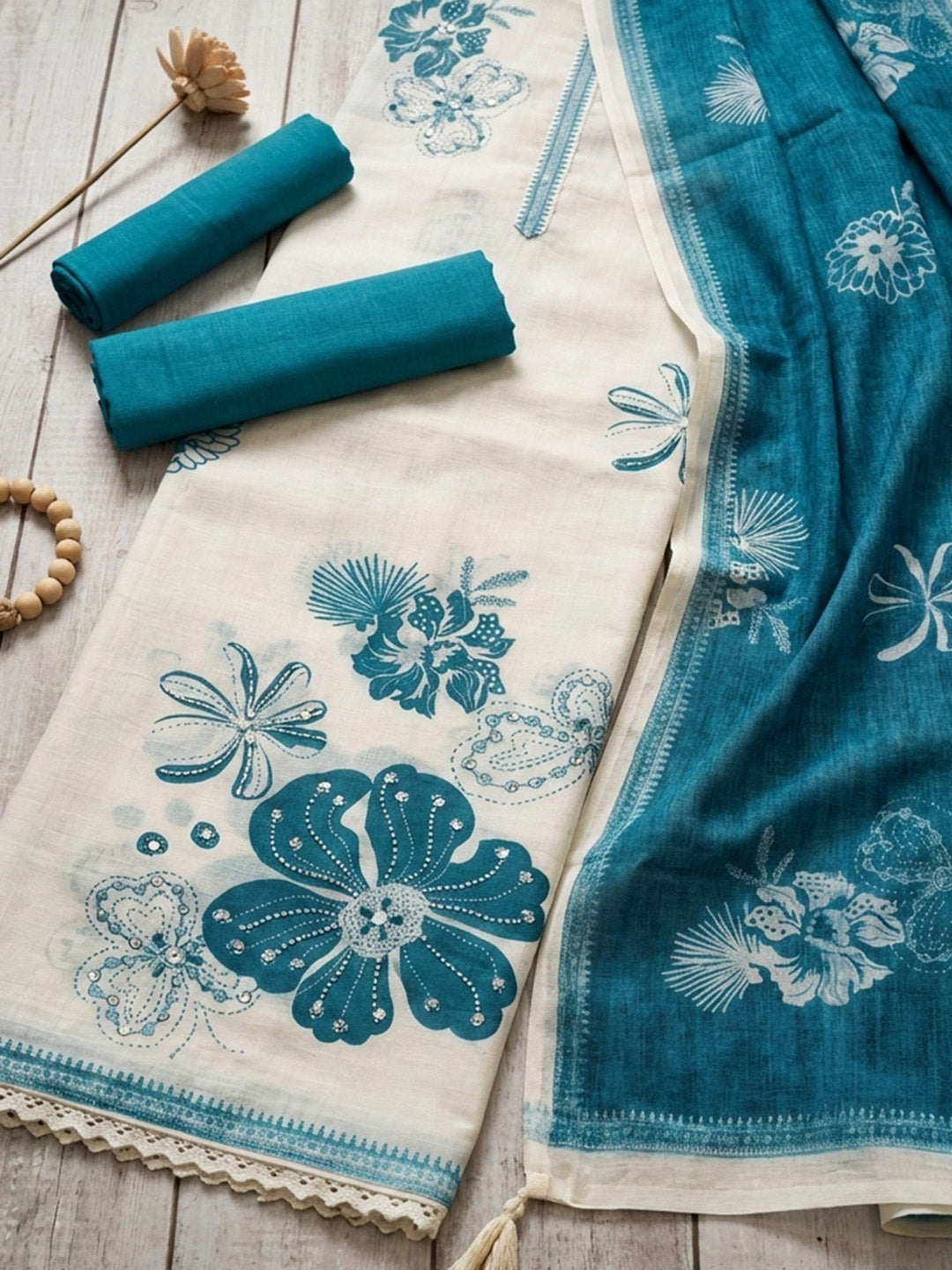 Embroidered Cotton Blend Unstitched Suit With Pant &amp; Dupatta
