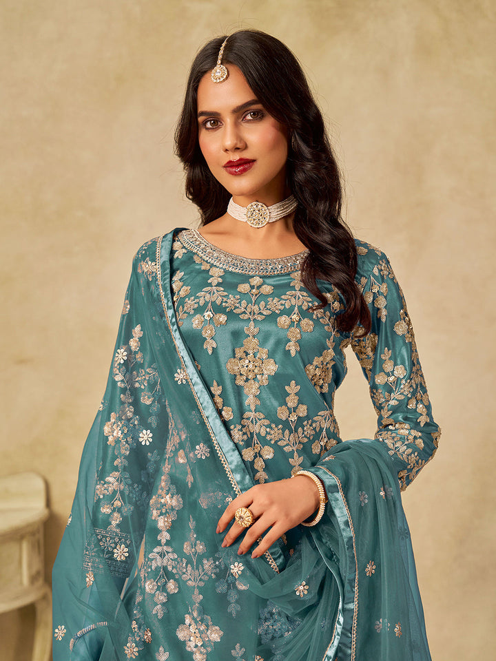 Embroidered Net  Semi Stitched Kurta With Sharara &amp; Dupatta
