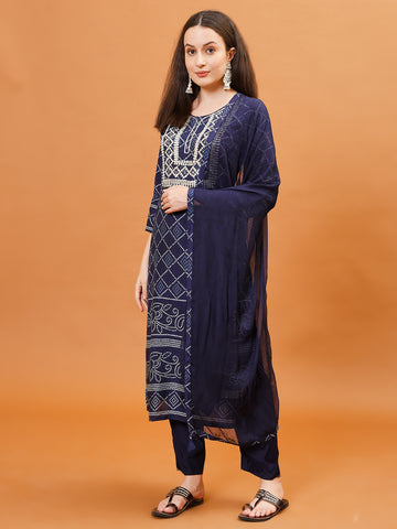 Gota Work Cotton Kurta With Pants & Dupatta