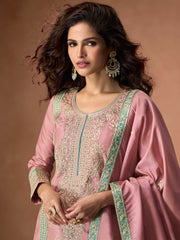 Embroidered Simar Silk Kurta With Plazzo & Dupatta