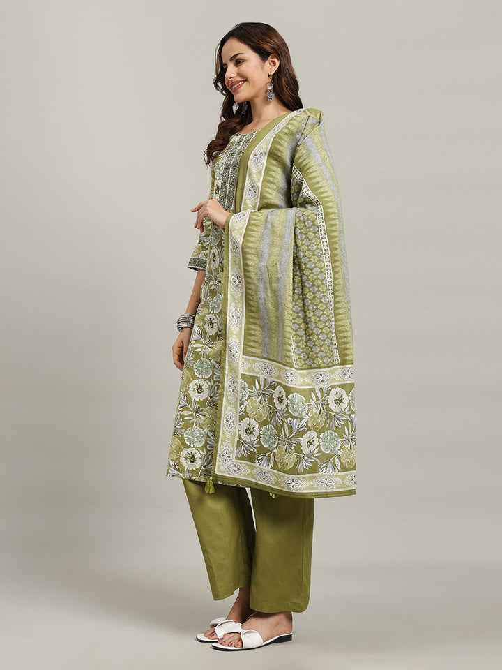 Floral Parinted Cotton Blend Kurta With Pants &amp; Dupatta