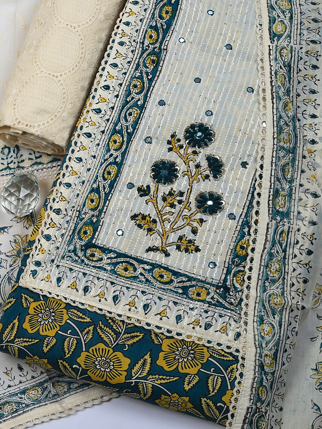 Embroidered Cotton Blend Unstitched Suit With Pant &amp; Dupatta