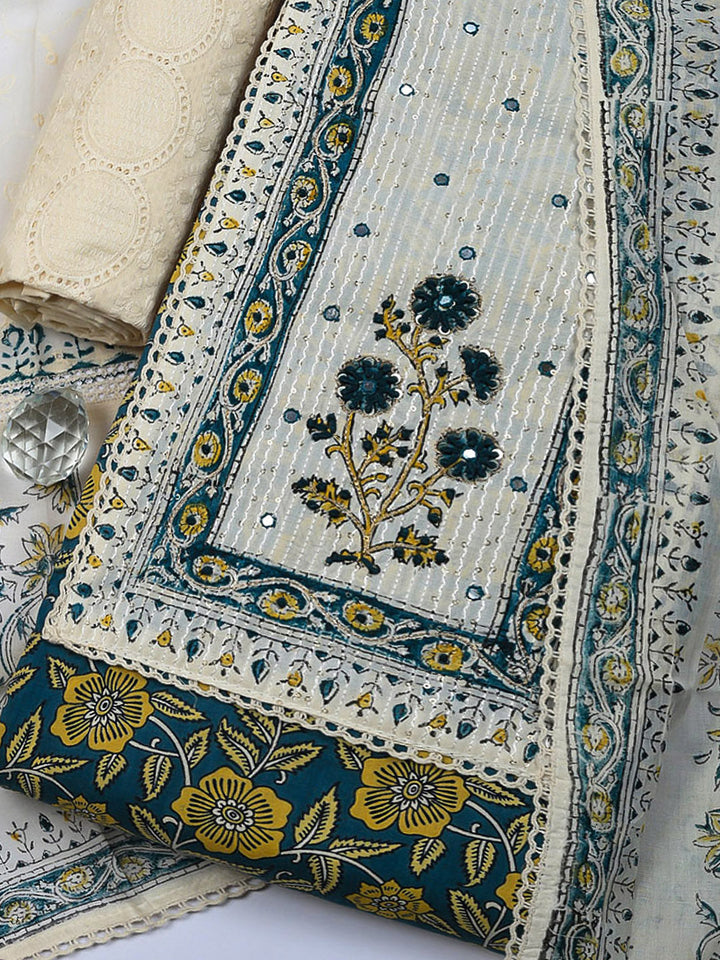 Embroidered Cotton Blend Unstitched Suit With Pant &amp; Dupatta
