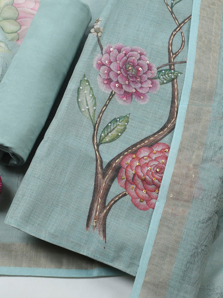Printed Linen Blend Unstitched Suit With Pant &amp; Dupatta