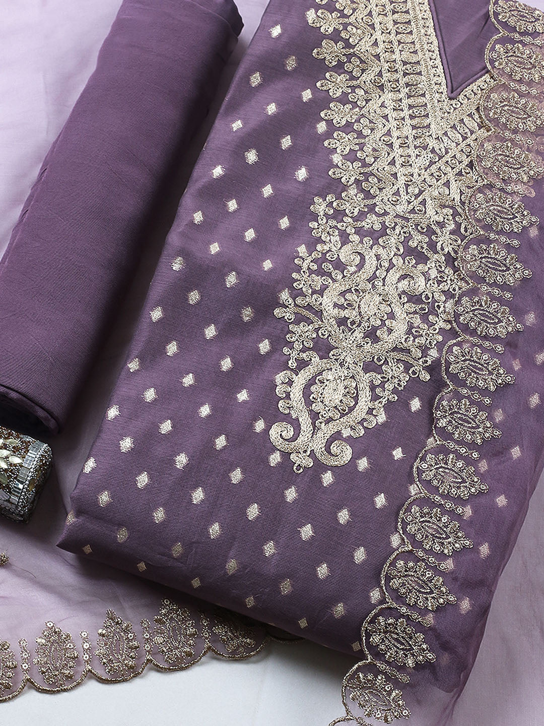 Embroidered Chanderi Unstitched Suit With Pant &amp; Dupatta