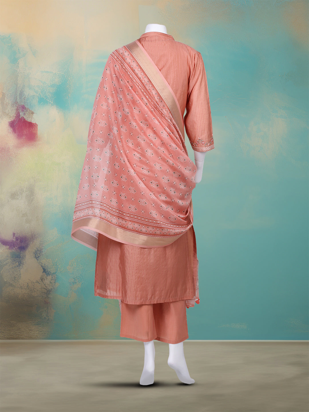 Embroidered Chanderi Kurta With Pant & Dupatta