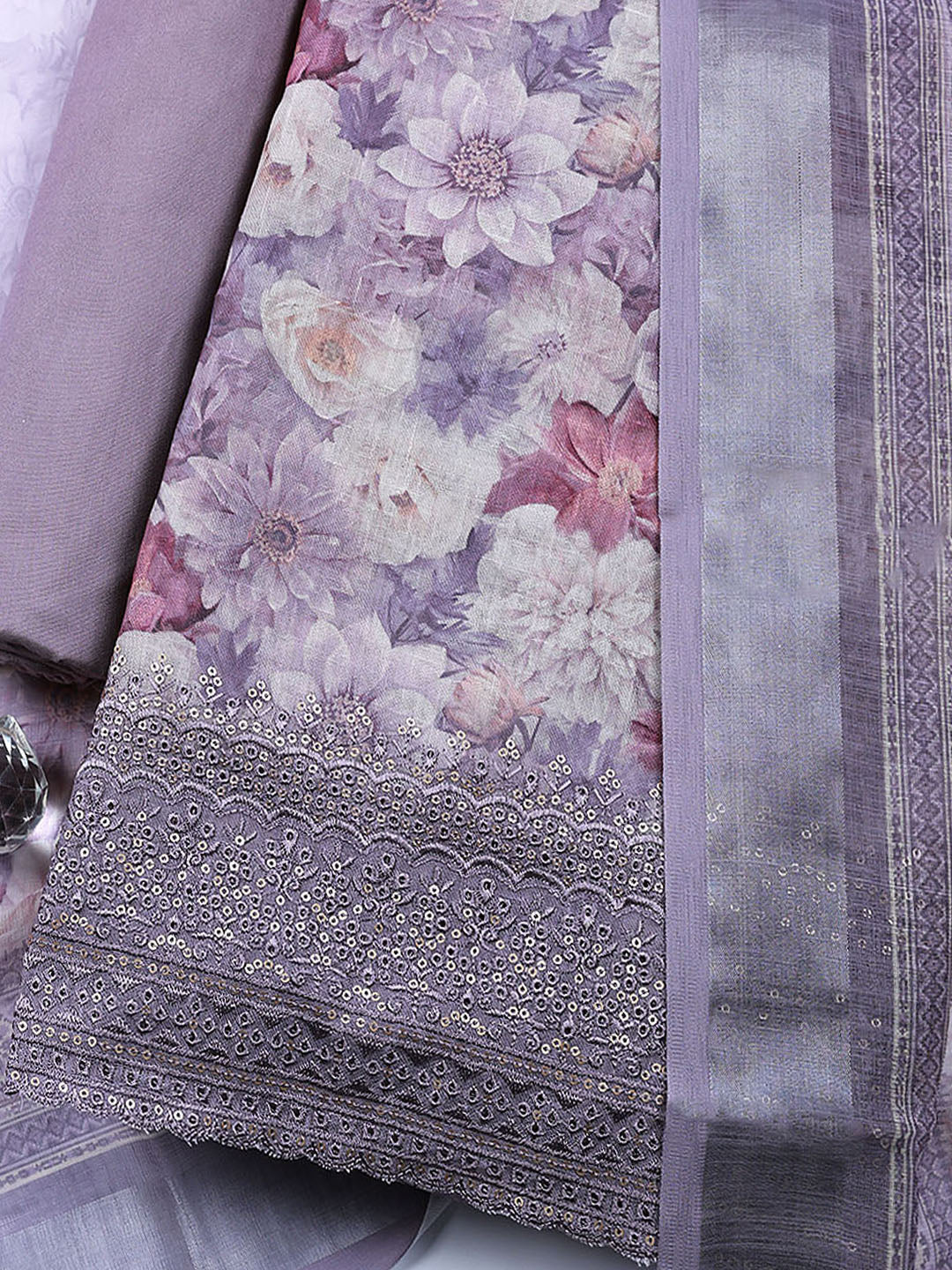 Embroidered Linen Blend Unstitched Suit With Pant &amp; Dupatta