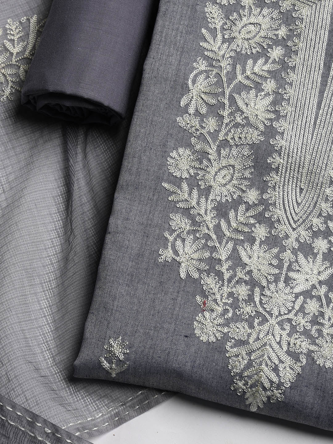 Neck Embroidered Cotton Blend Unstitched Suit Piece With Dupatta