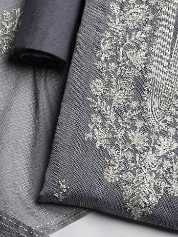 Neck Embroidered Cotton Blend Unstitched Suit Piece With Dupatta